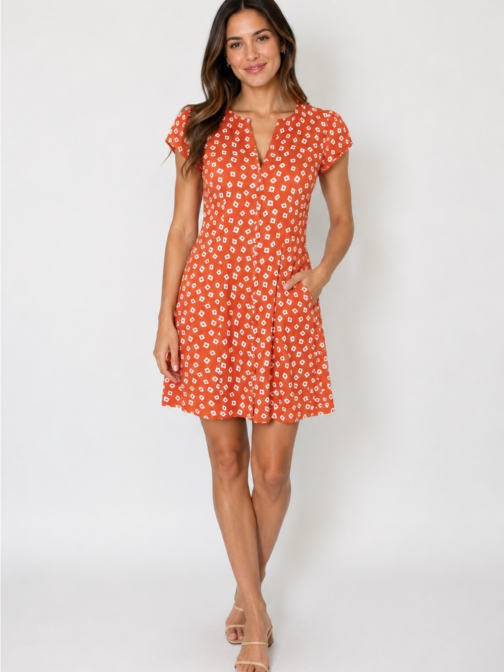 & Other Stories Orange Geometric Cap-Sleeve Mini Dress - Picture 2 of 7